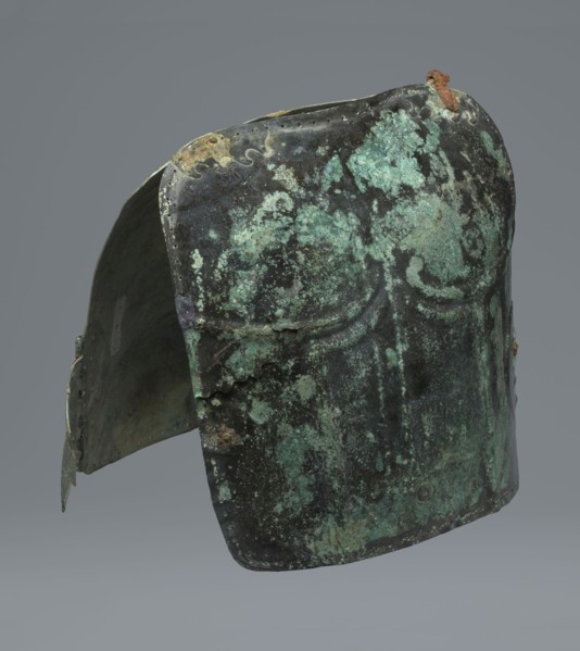 Two-piece torso armor with buckles, 4th century BC 375–325 BC, Southern Italy, weaponry, An aged