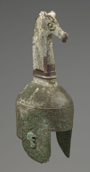Bronze helmet, 8th–7th century BC, Italy, armament; height 46 cm, width 17.5 cm, depth 23 cm,