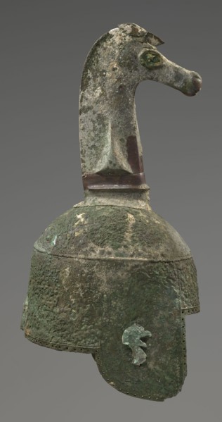 Bronze helmet, 8th/7th century BC, Italy, armament; height 46 cm, width 17.5 cm, depth 23 cm,