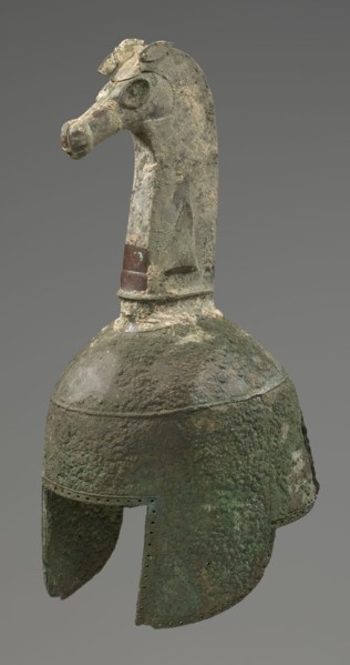 Bronze helmet, 8th–7th century BC, Italy, armament, height 46 cm, width 17.5 cm, depth 23 cm,