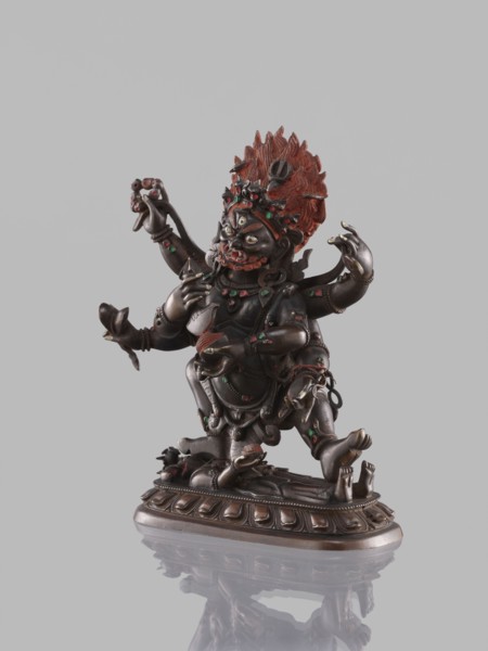 Six-armed Mahakala, dharmapala iconography, lotus throne, Tibetan Buddhist art, sculpture, 19th