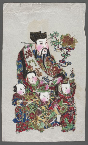 Menshen Gate Guardian surrounded by children; nianhua New Year's picture, Yangliuqing, early 20th