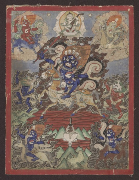 Palden Lhamo Sri Devi, unknown painter, mantras, dharmapala iconography, makaras, demons, skulls.