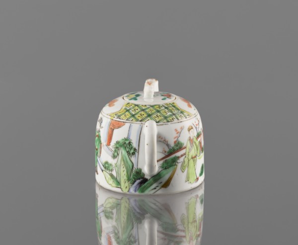 Teapot with lid;, Ceramics: colored porcelain teapot with figurative scenes; porcelain fragment