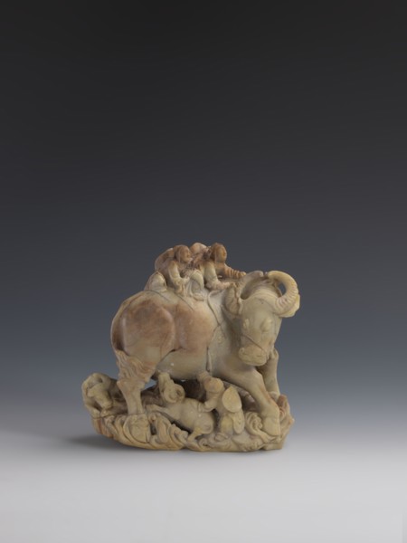 Buffalo with calves and shepherds, sculptor unknown. Sculpture of decorative Fushan Mountain