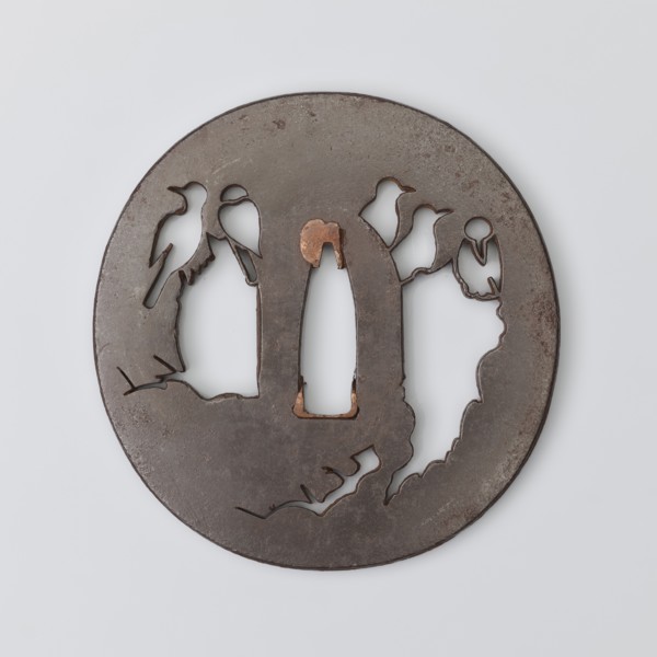 Crossguard tsuba, Higo school; maker Tokishige. Round tsuba maru gata with rectangular edge kaku