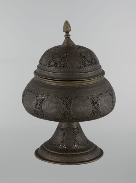 Censer, Persian, Qajar dynasty 1785–1925, 18th–19th century; Iran. Brass censer, height 33.0 cm,