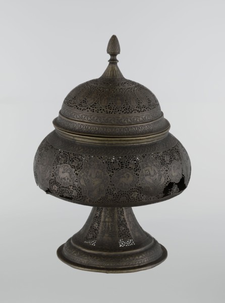 Censer, Persian, Qajar dynasty 1785–1925, 18th–19th century, Iran. Brass censer, height 33.0 cm,
