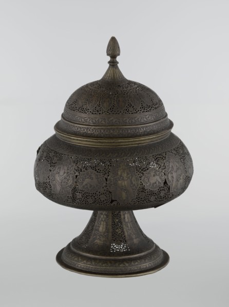 Censer, Persian, Qajar dynasty late 18th–19th century, Iran. Brass censer with figurative scenes of