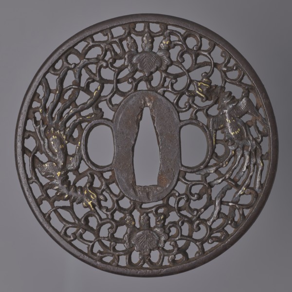 Crossguard tsuba, maker, images of birds; Japanese sword crossguard tsuba, namban style; materials:
