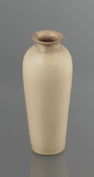 Cylindrical porcelain vase tapering toward the bottom with flat rim; light cream glaze with fine