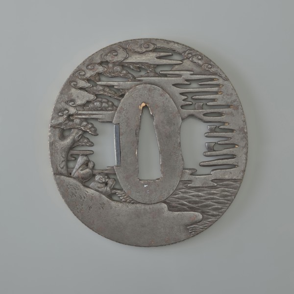 Crossguard tsuba, Takehara Tomomasa; oval tsuba tatemaru gata with rectangular edge; inlaid with