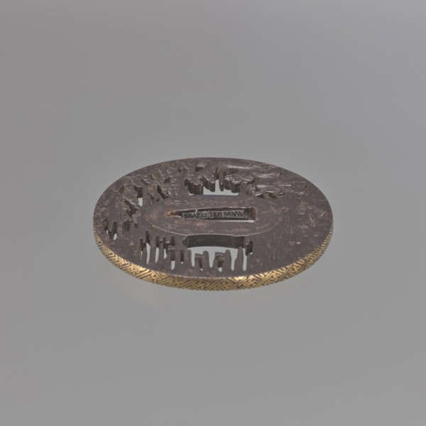Crossguard tsuba, Takehara Tomomasa; oval tsuba tatemaru gata with rectangular edge, inlaid with