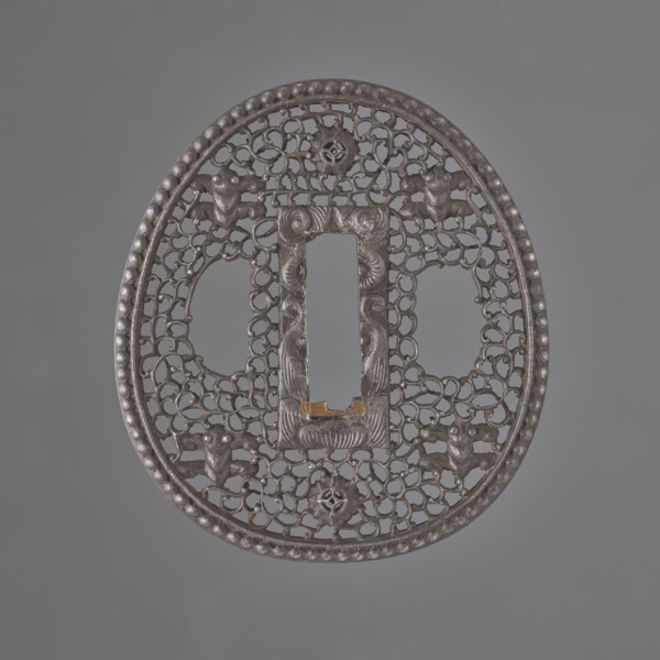 Crossguard tsuba, sword crossguard in namban style, openwork egg-shaped tsuba with a separated edge