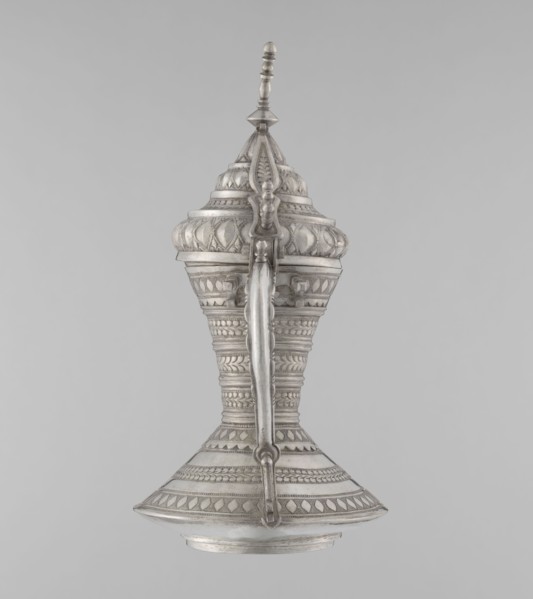 Teapot, Persian, Qajar dynasty 1785–1925. Silver teapot vessel with geometric motifs, used as a