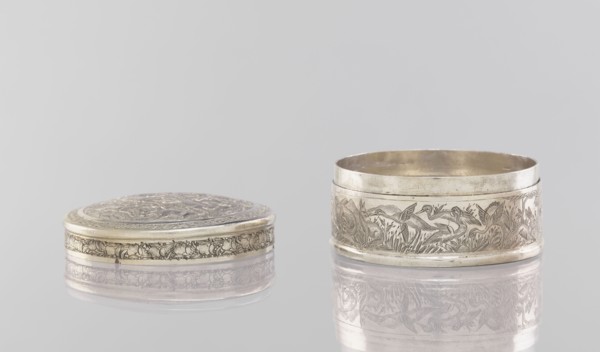 Box with a lid, 19th century, India; Indian; painted metal vessel with applied decoration depicting