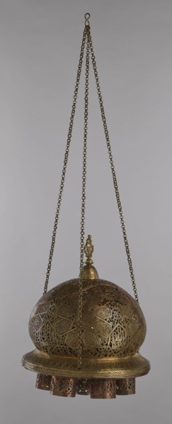 Lamp, 19th–20th century, Damascus, Syria. Metal oil lamp with cover decorated with a star motif;