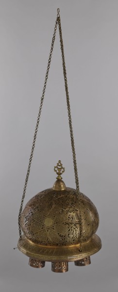 Lamp, Islamic art, Arabic culture; metal lighting fixture with geometric ornament and Arabic
