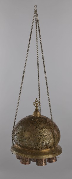 Lamp, Islamic art, Arabic culture; metal lamp with Arabic inscriptions and geometric ornament