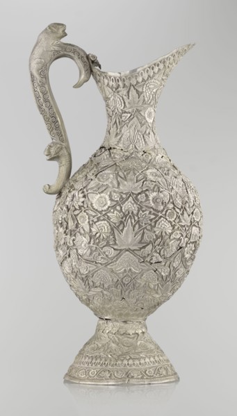 Jug, late 19th century, Northern India possibly / Iran possibly. Tall silver jug with a pear-shaped