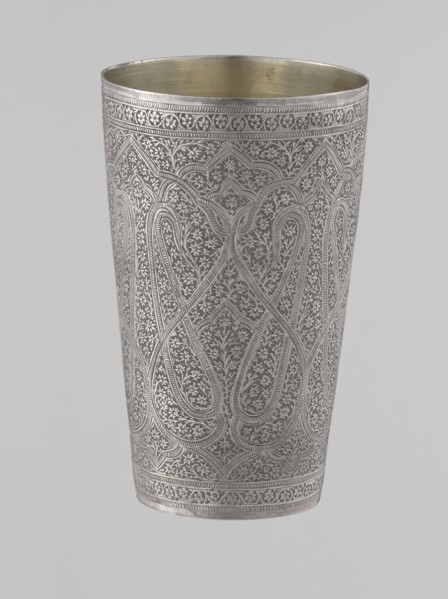 Mug, Islamic Mughal, Indian; 19th century, North India probable. Silver mug densely decorated with