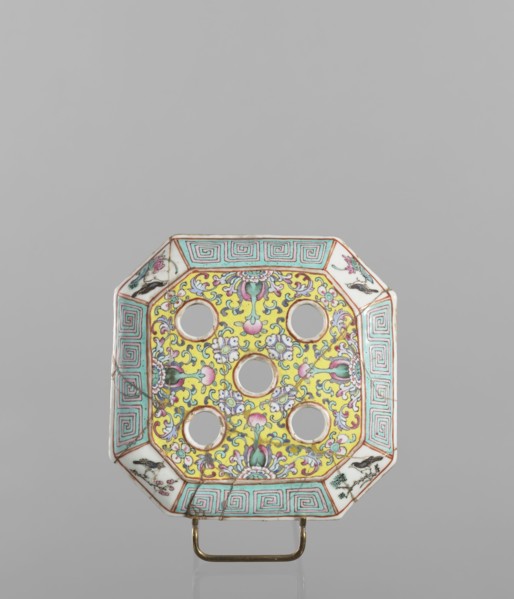Vase with a lid, ceramics, colored porcelain, openwork perforated lid, decorated with flowers,
