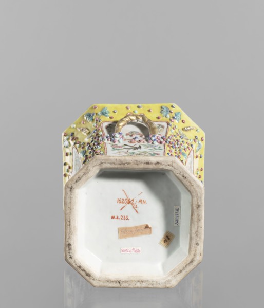 Vase with a lid, ceramics, colored porcelain, openwork perforated flat lid, decorated with flowers,