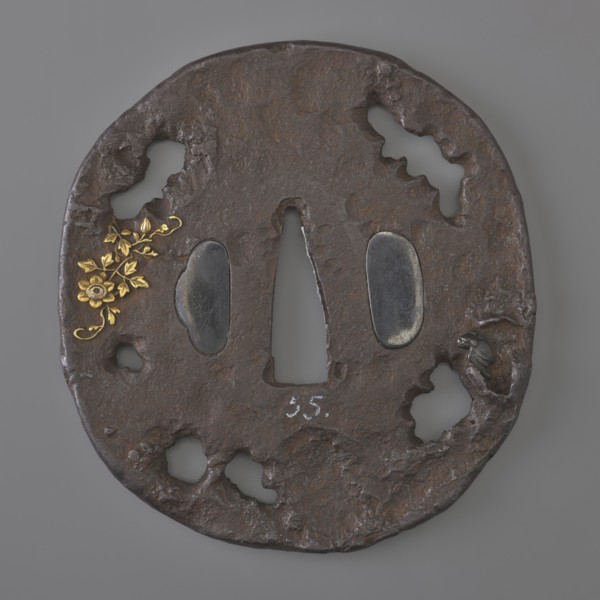 Crossguard tsuba, Oval tatemaru-gata tsuba with an irregular edge, surface textured to imitate rock