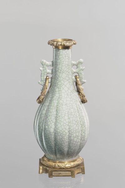 Vase, Chinese, Qing 1644–1911, 19th century. Celadon ceramic slender vase with a long neck and