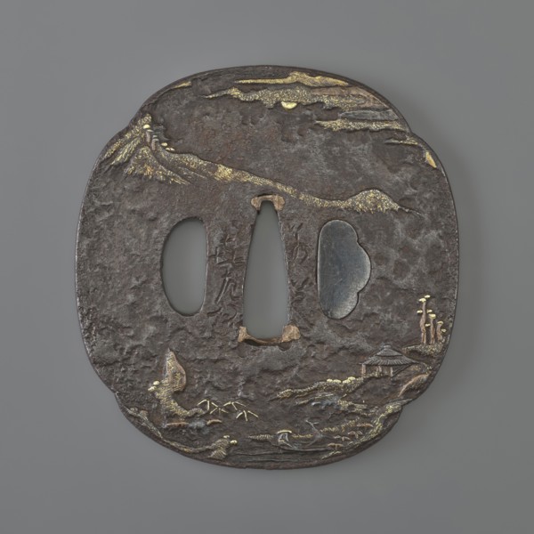 Crossguard tsuba. Maker: Jakushi; Kizaemon. Tsuba in the shape of a mokkô quatrefoil, with a kôgai
