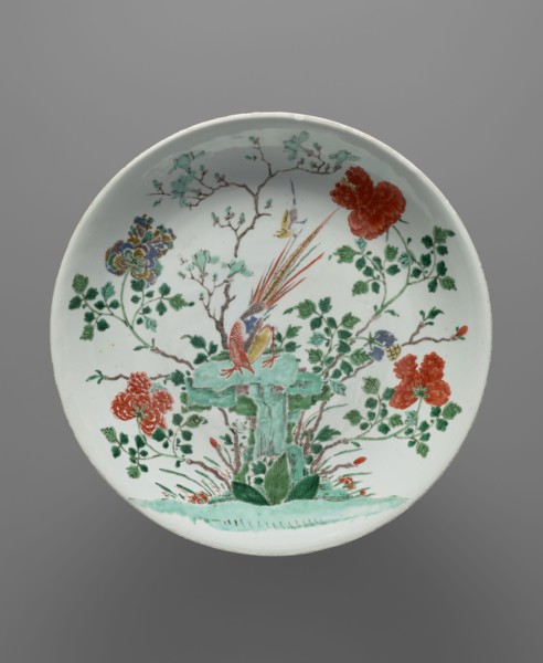 Platter, pheasants, flowers, colored porcelain, Qing style, Chinese art, Chinese culture, Qing