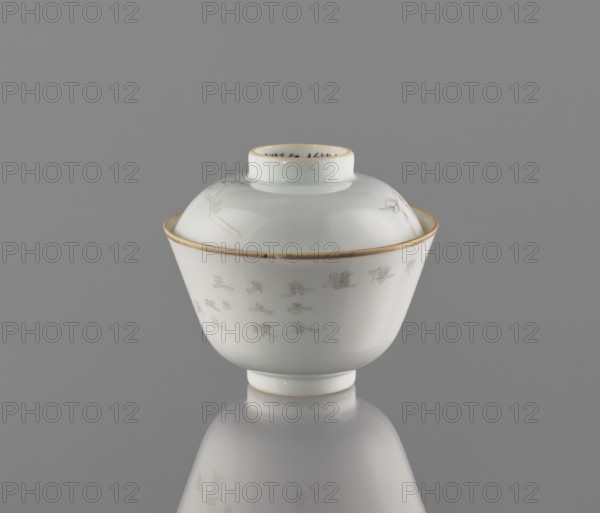 Bowl with a lid, ceramics, colored porcelain; decorated with ducks among reeds drawn in delicate