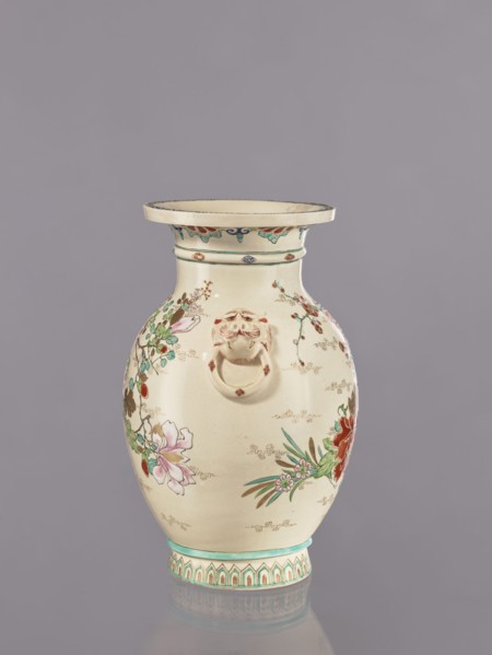 Vase, satsuma earthenware, decorated with crackle glaze and painted floral motifs including