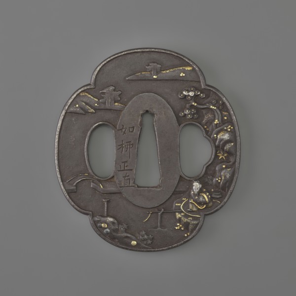 Crossguard tsuba, sword crossguard, landscape motifs, tsubas, fishermen, Japanese art and culture,