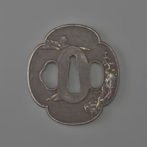 Crossguard tsuba, sword crossguard with landscape motifs depicting fishermen, bridges, rocks, and