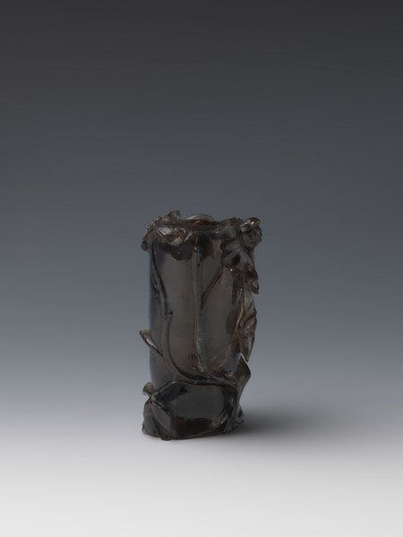 Vase on base, carved ornaments, flowers and birds decorative motifs, stylized rock carving; wooden