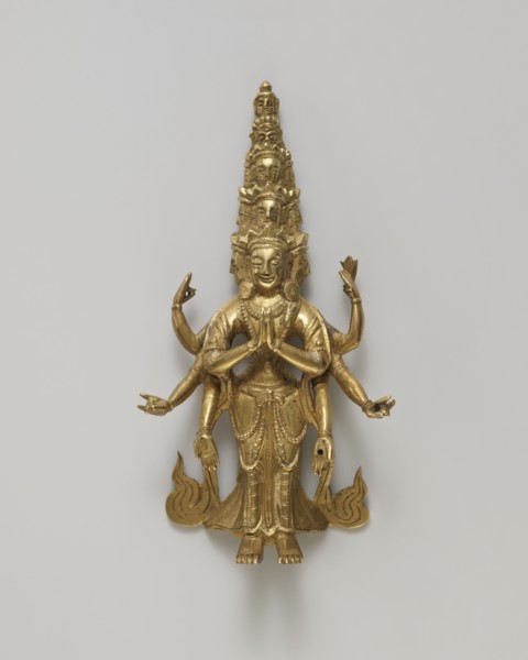 Guanyin, figurine, Chinese/Tibetan art, bodhisattva iconography, heads, flames, hands; 19th