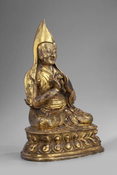 Gelukpa teacher, unknown sculptor; Tibetan Buddhist art, Himalayan; mudras, lotus throne, headgear;
