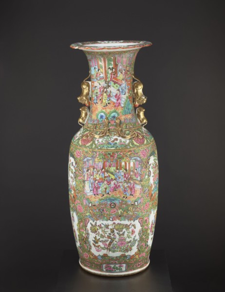 Vase, Chinese, 19th century, China; colored porcelain vessel with figurative court scenes,