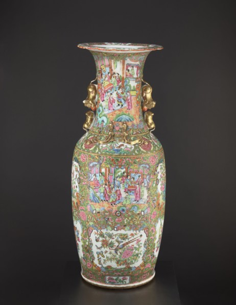 Vase, Chinese, 19th century, colored porcelain vessel with figurative court scenes, butterflies,