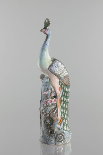 Peacock figurine, Chinese, Qing dynasty 1644–1911, 19th century. Ceramic colored porcelain