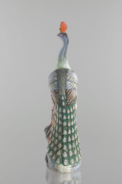 Peacock figurine, Chinese, Qing dynasty 1644–1911, 19th century. Colored porcelain sculpture
