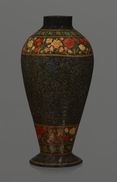 Vase, Qajar dynasty 1785–1925, Islamic Persian floral ornament. Lacquer vase, 19th century, Iran.