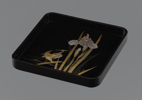 Tray, ; wooden tray covered with black roiro lacquer; decoration: two wading herons and a clump of