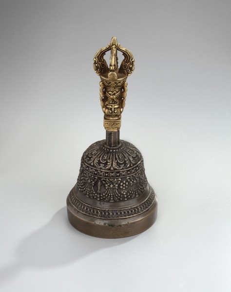 Bell;, Bowl with a lambrequin border with mascarons. Handle with a bust of a Bodhisattva carrying a