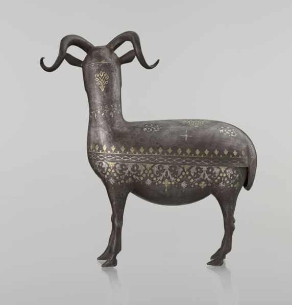 Ram, Islamic art, Persian, Qajar dynasty 1785–1925, sculpture; animal figurine of a ram with horns;