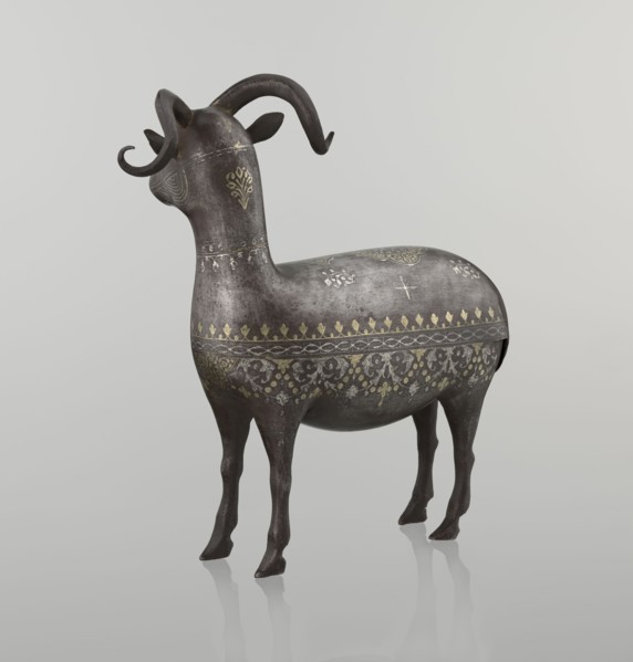 Ram, Islamic art, Persian, Qajar dynasty 1785–1925, sculpture; animal figurine of a ram with horns;