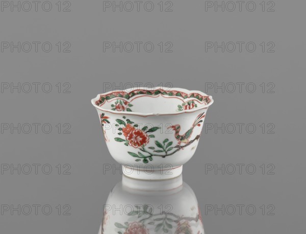 Bowl, ceramic vessel with colorful Kangxi-style porcelain decorations; floral motifs including plum