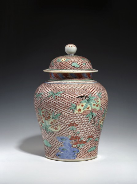 Vase with cover, 18th century, China; porcelain vessel with domed cover; Qing dynasty references to