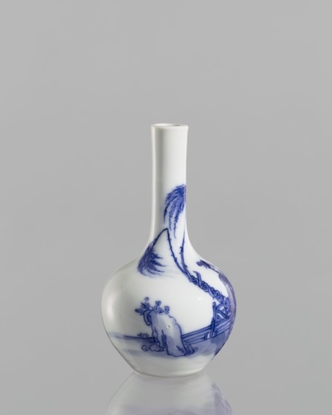 Vase-bottle, blue and white porcelain, figural scenes and landscape motifs; Chinese, Kangxi period